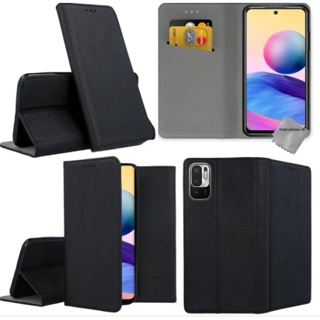 Pochette à rabat pour Xiaomi Redmi note 10 5G Noir + 1 verre trempé